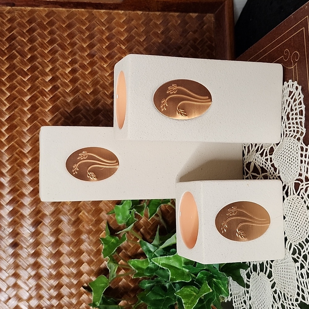 👉*PARTYLITE* 3 COPPER MEDALLION FAUX SANDSTONE TEALIGHT HOLDERS ~SET/3